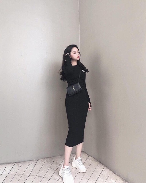 Váy body thun gân tay dài