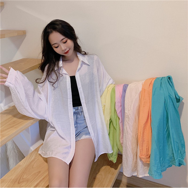 【Tại Chỗ】Áo Khoác Mỏng Kem Chống Nắng Áo Khoác Cardigan Áo Sơ Mi Mỏng, Nhẹ, Thoáng Khí Điều Hòa Không Khí Đèn Lồng Lỏng Lẻo Thoáng Mát Phiên Bản Hàn Quốc Của Lỏng Lẻo Mỏng Dài Tay Dài Chống Nắng, Áo Sơ Mi Thời Trang Hoang Dã Áo Sơ Mi Mỏng