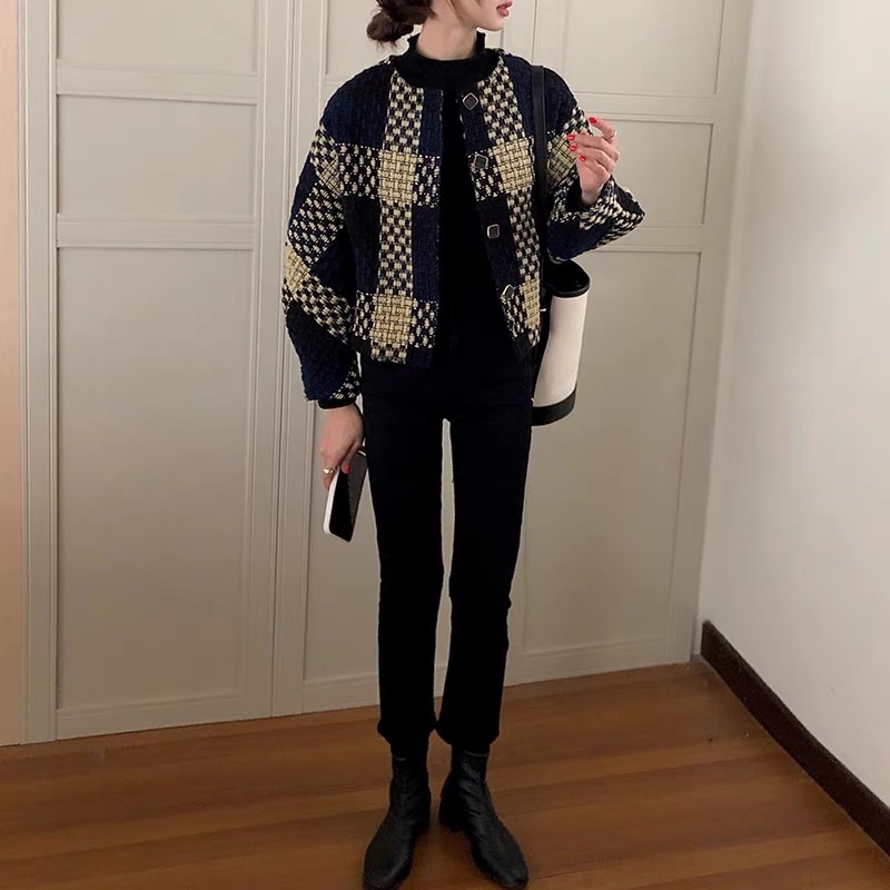 Áo khoác dạ tweed kẻ dọc phong cách Hàn quốc thu đông