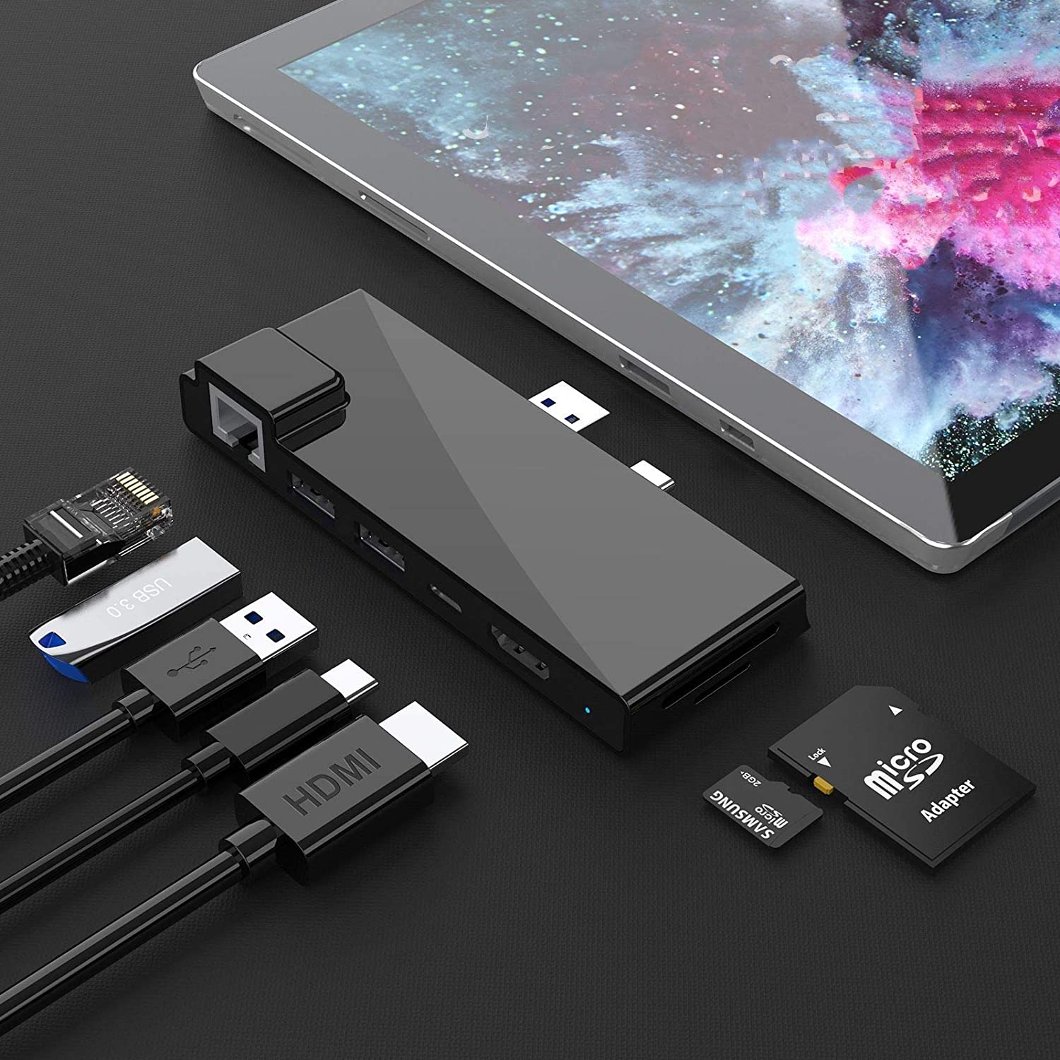 Trung tâm đế cắm Microsoft Surface Pro 7 Bộ điều hợp Surface Pro 2019 7 trong 2 với HDMI 4K, sạc USB C PD, 2 cổng USB 3.0 (5Gbps), Đầu đọc thẻ SD / TF, Đế cắm Gigabit Ethernet LAN Pro 7