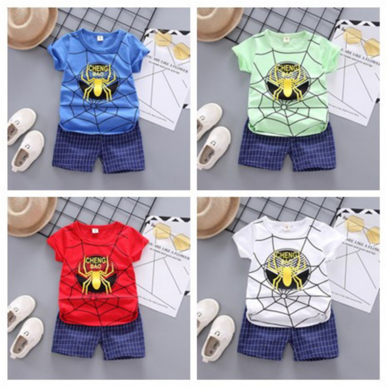 Set Áo Thun Ngắn Tay Cổ Tròn In Hình Con Nhện + Quần Short Lưng Thun Thời Trang Cho Bé Trai