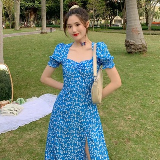 [Oder] Váy hoa nhí xanh biển xẻ đùi