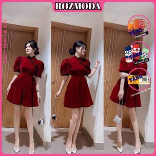 Đầm đỏ mặc Tết phối cúc sườn sám siêu sang chảnh đẳng cấp quý cô ROZMODA VA901
