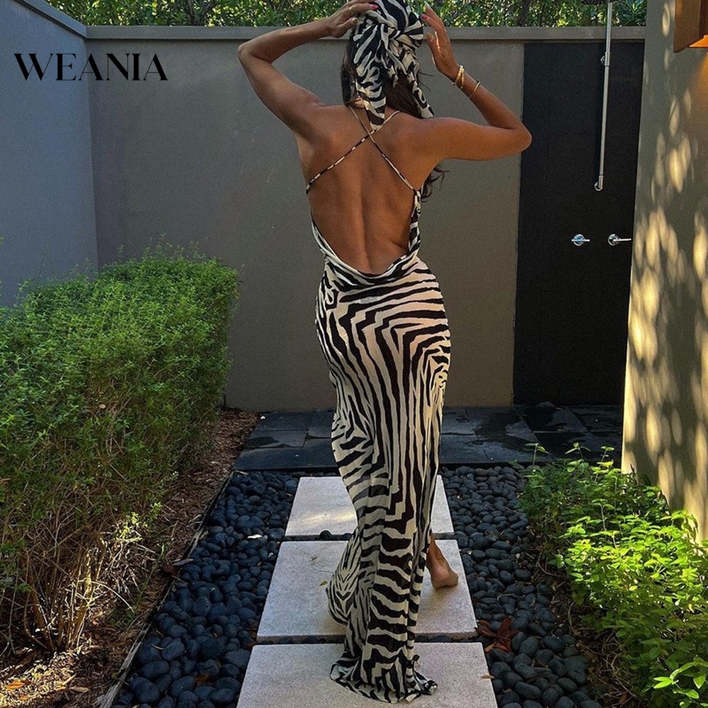 Đầm Dài Xẻ Tà Hở Lưng Họa Tiết Ngựa Vằn Thời Trang Đi Biển Quyến Rũ