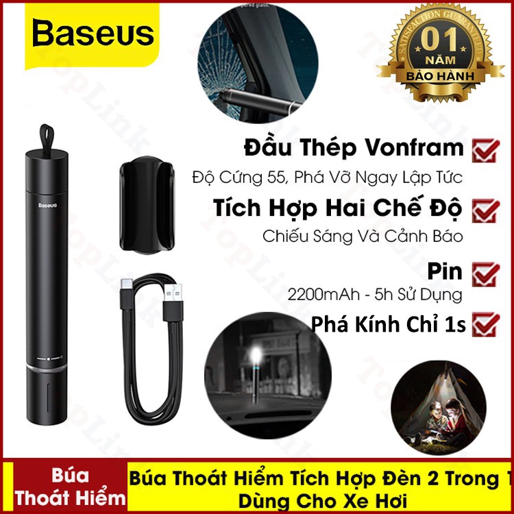 Búa Phá Kính Ô Tô - Búa Thoát Hiểm Xe Hơi Baseus Kết Hợp Phá Kính Và Đèn Pin 2 Chế Độ Sáng - TopLink