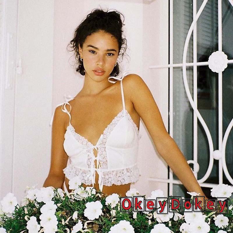 OKDK-Women’s Fashion Camisole Sexy Lace Stitching V-neck Bandage Exposed Navel Top