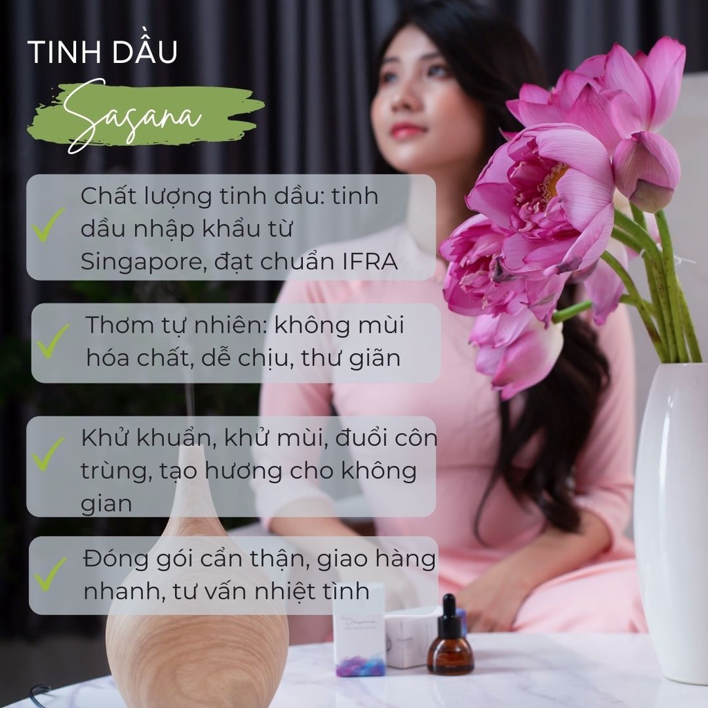 Tinh dầu thiên nhiên Sasana, tinh dầu nước hoa thơm phòng cao cấp, hương thơm thư giãn, khử mùi, giảm stress, ngủ ngon