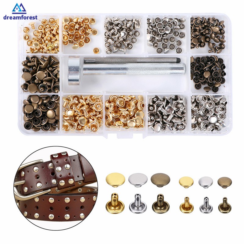DF 240Pcs/Set Leather Rivets Double Cap Rivet DIY Leather Bag Belts Metal Studs with Fixing Tools