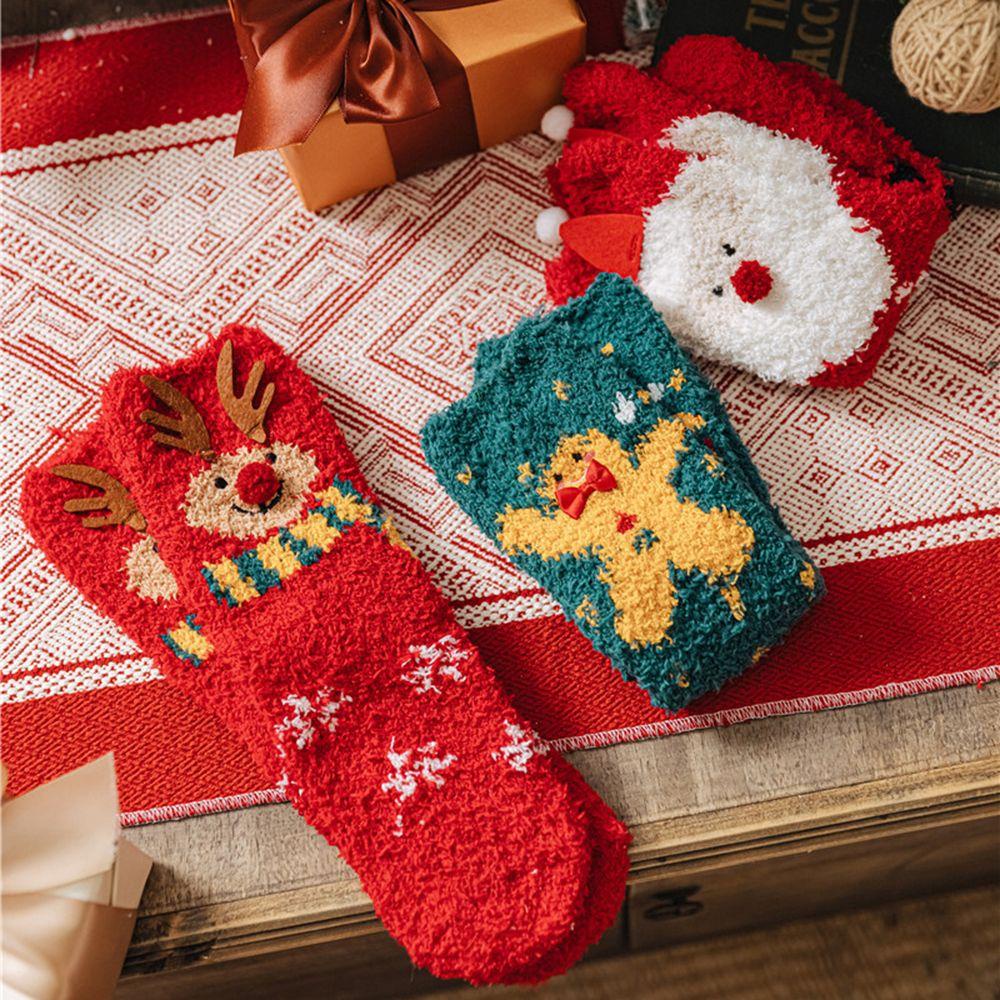 Vớ Nhung San Hô Họa Tiết Ông Già Noel / Người Tuyết Dễ Thương Đơn Giản Thoải Mái