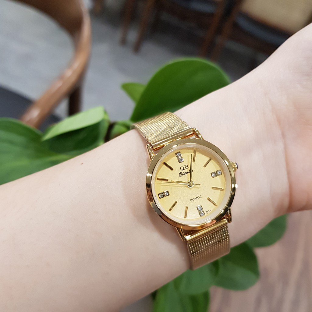 Đồng Hồ Cặp Đôi Nam Nữ QB Dây Lụa Vàng Số Vạch Sang Trọng