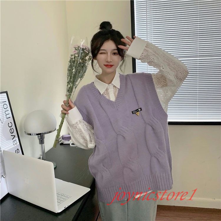 Hàng có sẵn Áo sweater không tay cổ chữ V xếp nếp phối ren phong cách đường phố Hàn Quốc chất lượng cao cho nữ