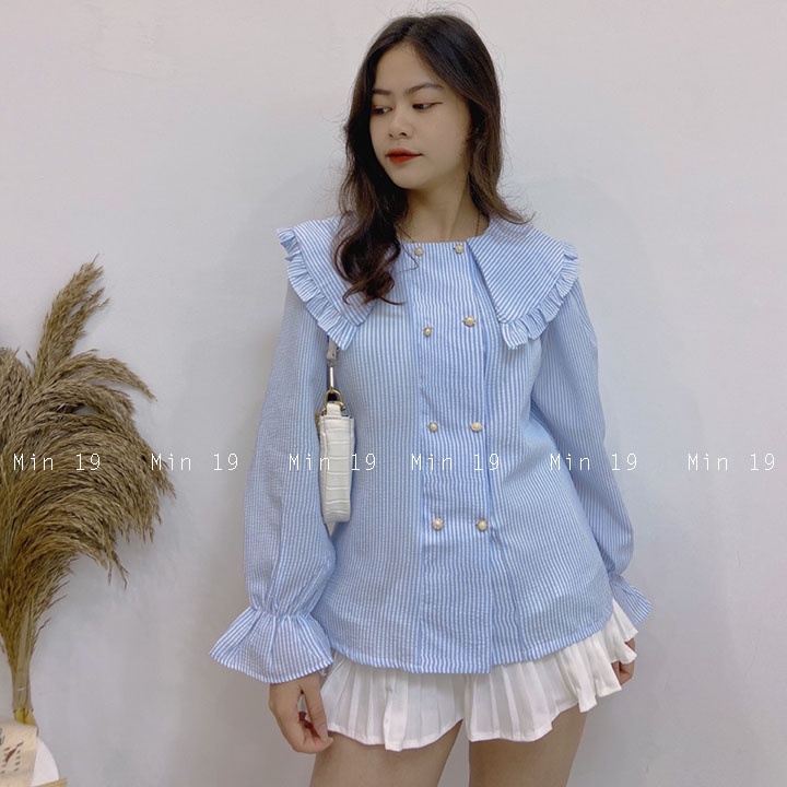 Sơ Mi Cổ Bèo MIN19 Áo Kiểu Nữ Hàn Quốc Tay Phồng Bánh Bèo Tiểu Thư Form Rộng Kẻ Tăm Cúc Ngọc Màu Xanh Thời Trang