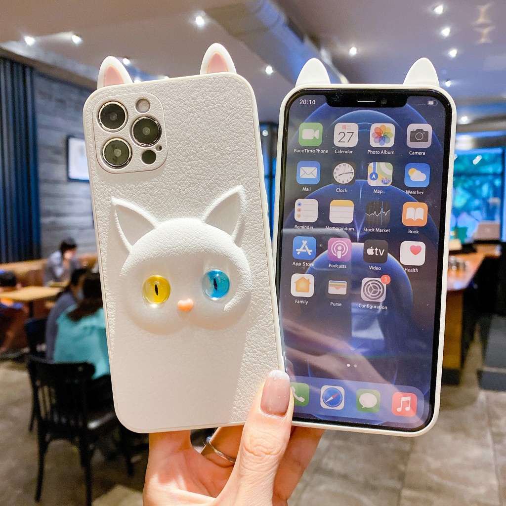 Ốp điện thoại trắng hình mèo 3D có tai bảo vệ camera thích hợp cho IPHONE 13 12 MINI 11 PRO MAX 7 8 PLUS XR X XS SE 2020
