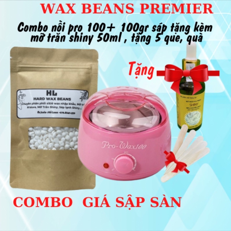 Combo nồi nấu sáp pro wax 100, mỡ trăn Shiny, 100gr sáp dừa,hoặc trong, kèm que