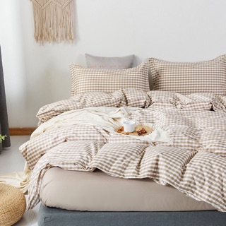 Bộ Drap & Chăn Phao Cotton Poly Kẻ Caro Be
