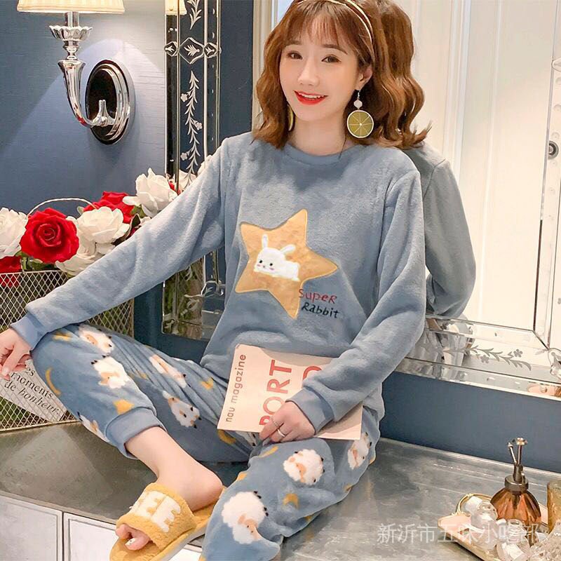 Bộ Đồ Ngủ Chất Nỉ Dày Dặn Ấm Áp Phong Cách Hàn Quốc Dễ Thương Thời Trang Thu Đông Cho Nữ