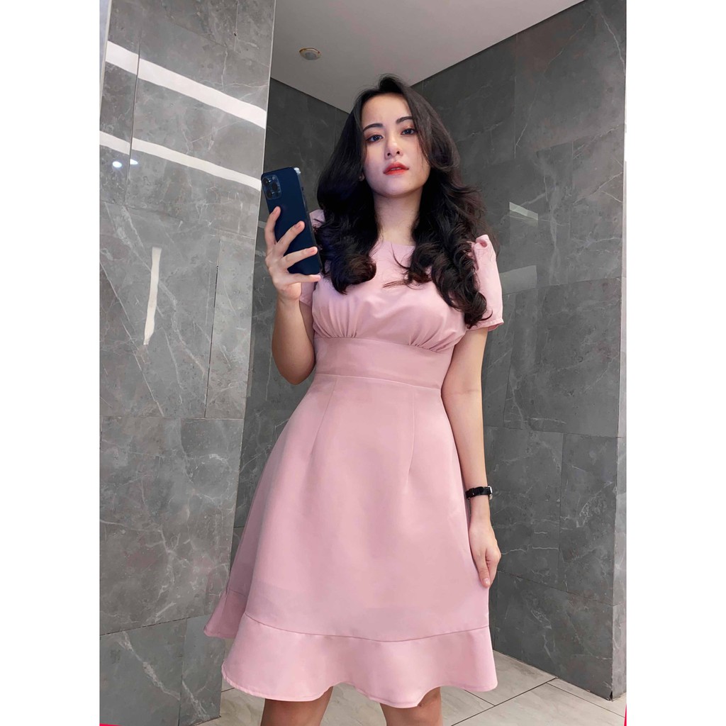 Đầm công sở đẹp thiết kế xòe đuôi cá tay ngắn thanh lịch hồng cánh sen thời trang đi làm đi tiệc - Thời trang Lux W