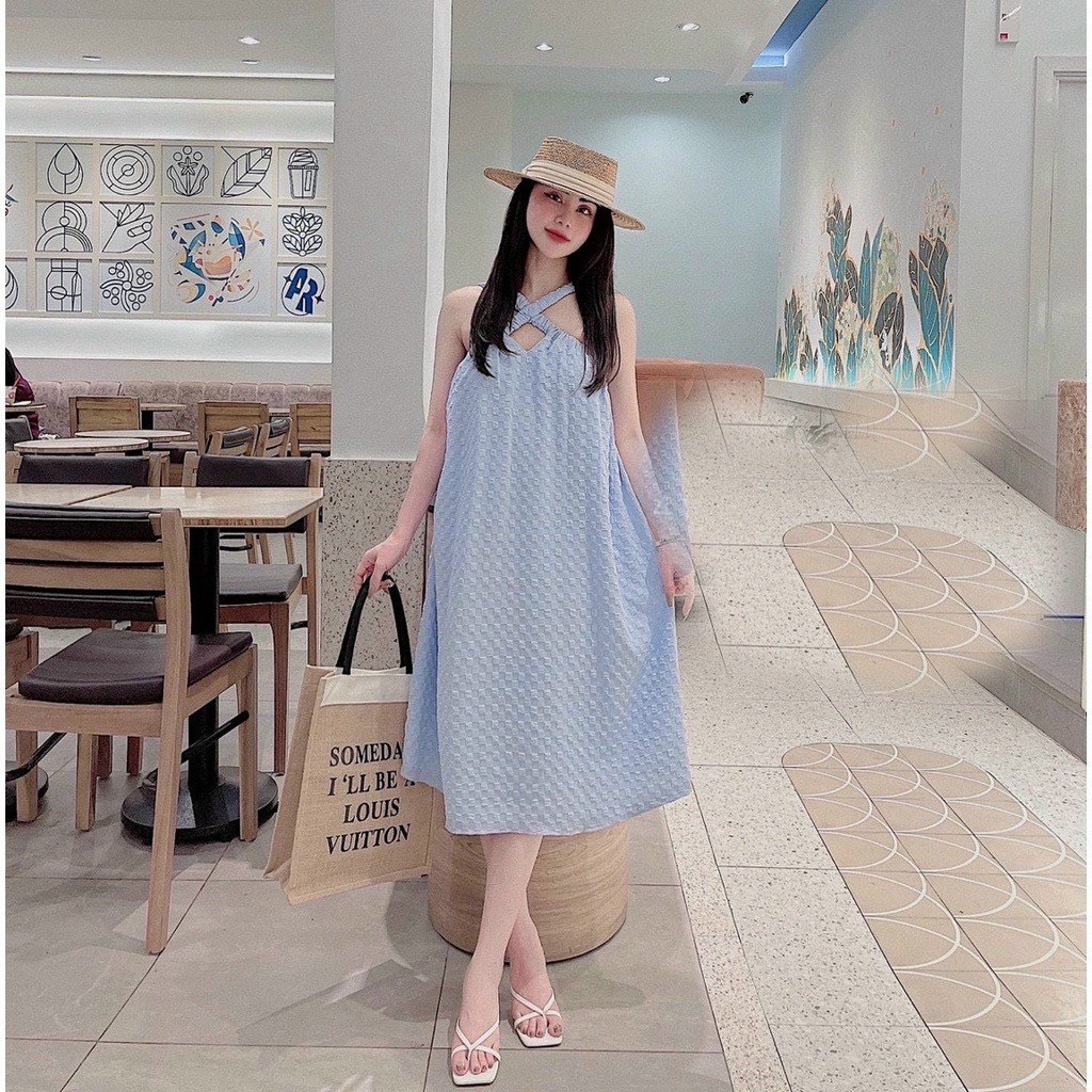 Đầm babydoll vintage đũi xốp cực đẹp, đầm tiểu thư babydoll 2 dây đan chéo dễ thương xinh xắn