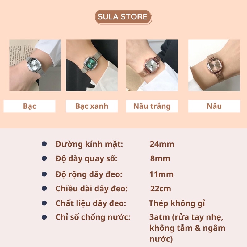 Đồng hồ nữ sang trọng ULZZANG dây kim loại mặt vuông 26mm thời trang Hàn Quốc có chống nước - SULAGRE