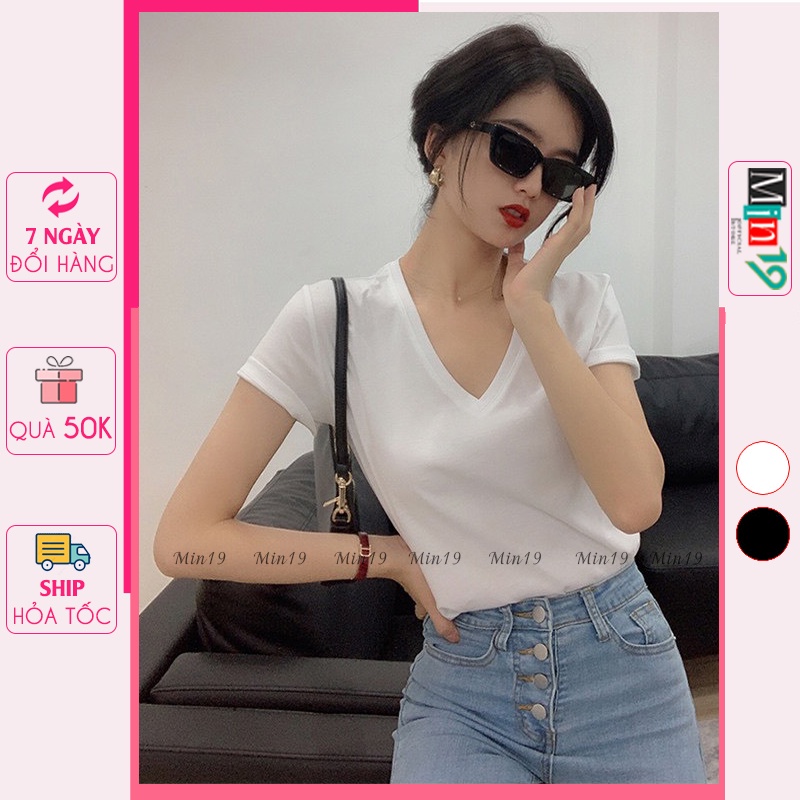 Áo Phông Nữ MIN19 Áo Thun Tay Ngắn Cổ V Freesize Chất Cotton Đẹp Màu Trắng Đen Thời Trang Hàn Quốc