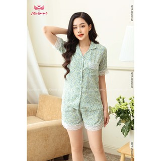Bộ Lụa  Hoa Nhí Xanh Mix Ren
