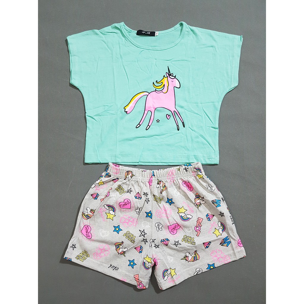 Bộ thun cotton áo croptop in ngựa mùa hè bé gái