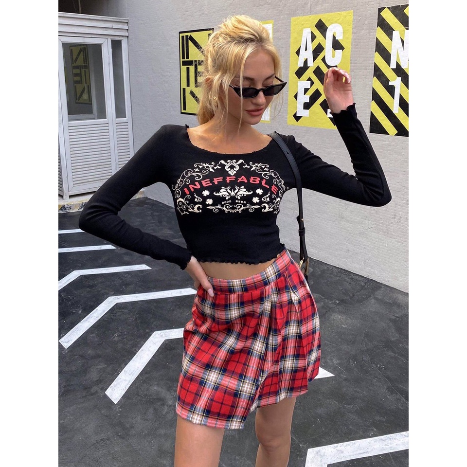Áo Croptop F21 Thun Cotton Gân 4 Chiều Tay Dài Đen In Họa Tiết - 3347