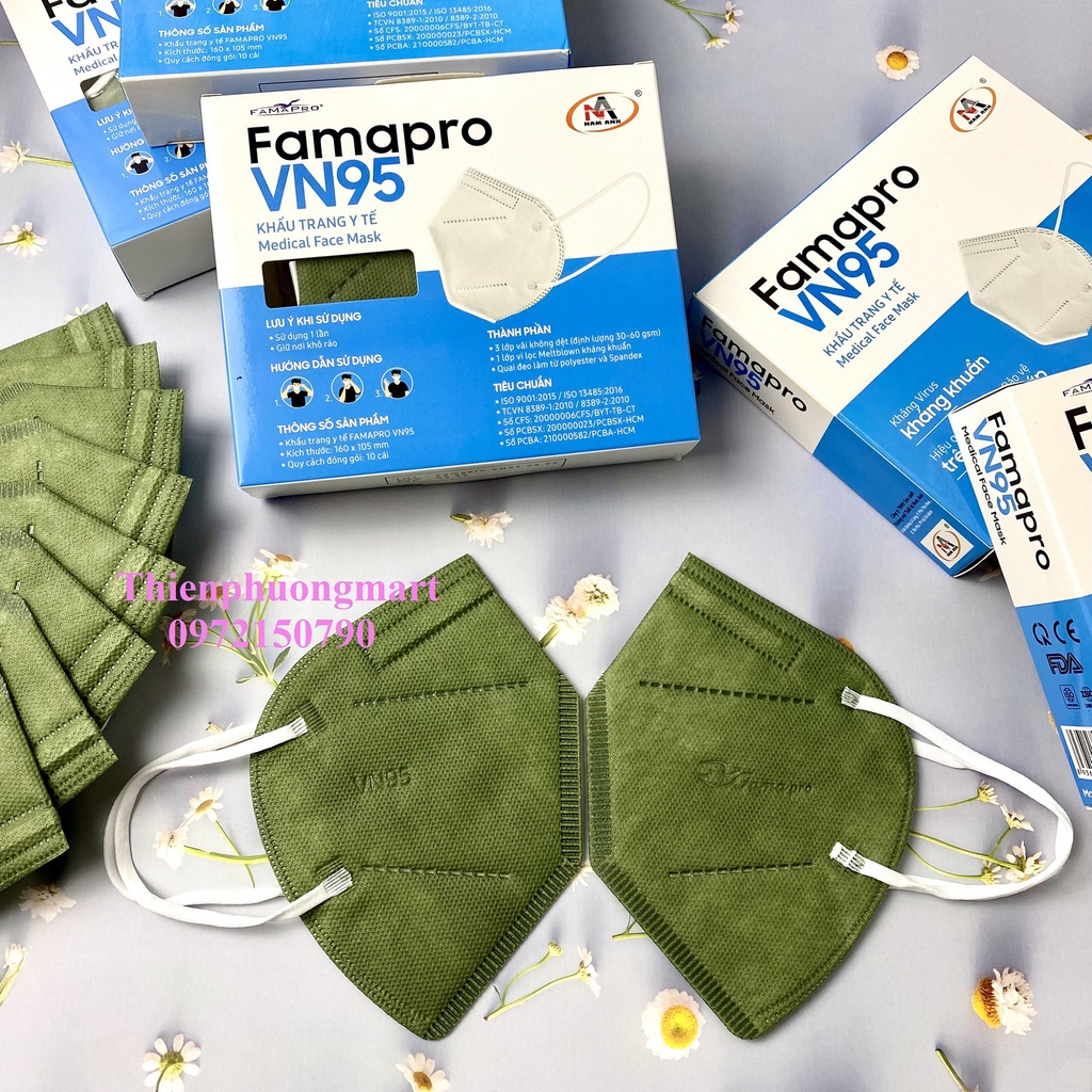 Khẩu trang VN95 FAMAPRO Nam Anh 10 cái/ hộp kháng khuẩn 8 màu Trắng / Xám / Đen / Xanh / Rêu / Hồng / Vàng Nhạt