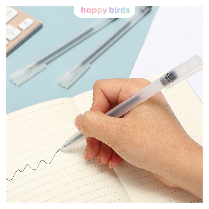 Bút gel 0.5 mm set 6 bút vỏ nhám trơn bút bi nước mực đen hai màu vỏ đen trắng bút viết ruột trơn mau khô HappyBirds