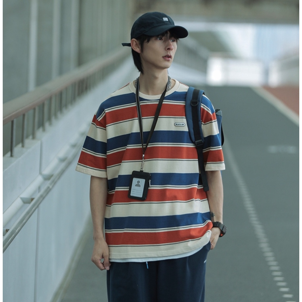 Áo thun kẻ tay lỡ 100% cotton logo cao su nam nữ  MEANSTORE phông in hình cotton vải mát form rộng phong cách Hàn Quốc