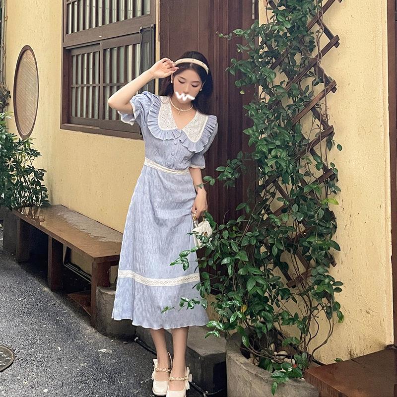 Đầm Nữ Dáng Dài Chiết Eo Màu Trắng / Xanh Sữa Phong Cách Pháp Thanh Lịch