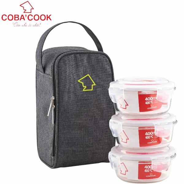 Bộ túi hộp cơm thủy tinh COBA'COOK. Gồm 3 hộp 400ml và 1 túi giữ nhiệt với 2 khóa kéo tiện dụng- CBHR400C3B | BigBuy360 - bigbuy360.vn