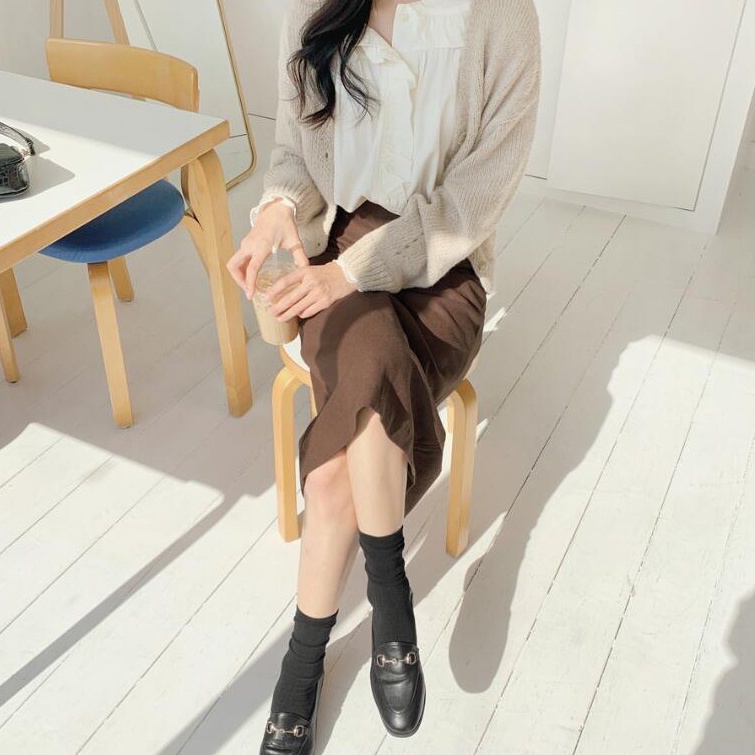 Set Áo Sơ Mi Tay Dài Màu Sắc Đơn Giản + Chân Váy Lưng Cao Xẻ Tà 31964