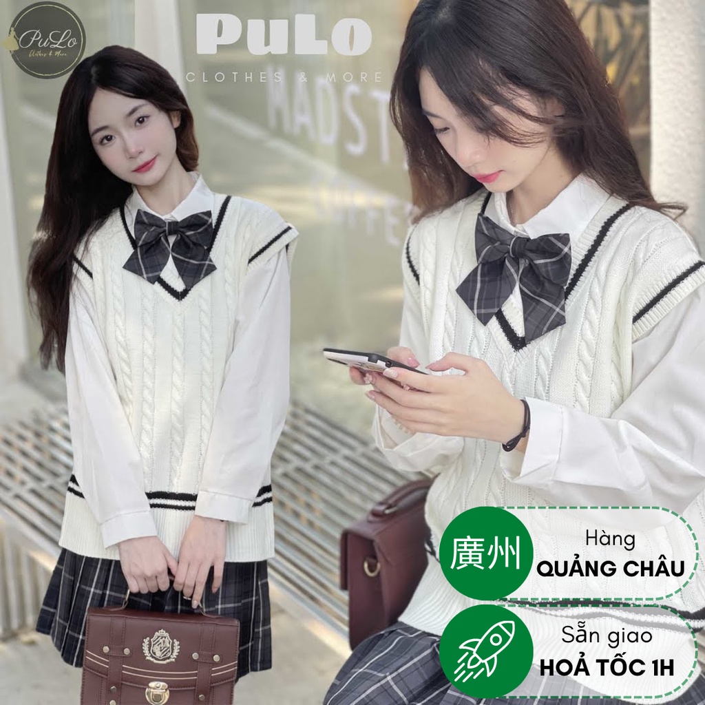 Áo Gile Len Trắng Viền Đen Cổ V Ulzzang Quảng Châu Cổ V Form Rộng Style Hàn Quốc GL039