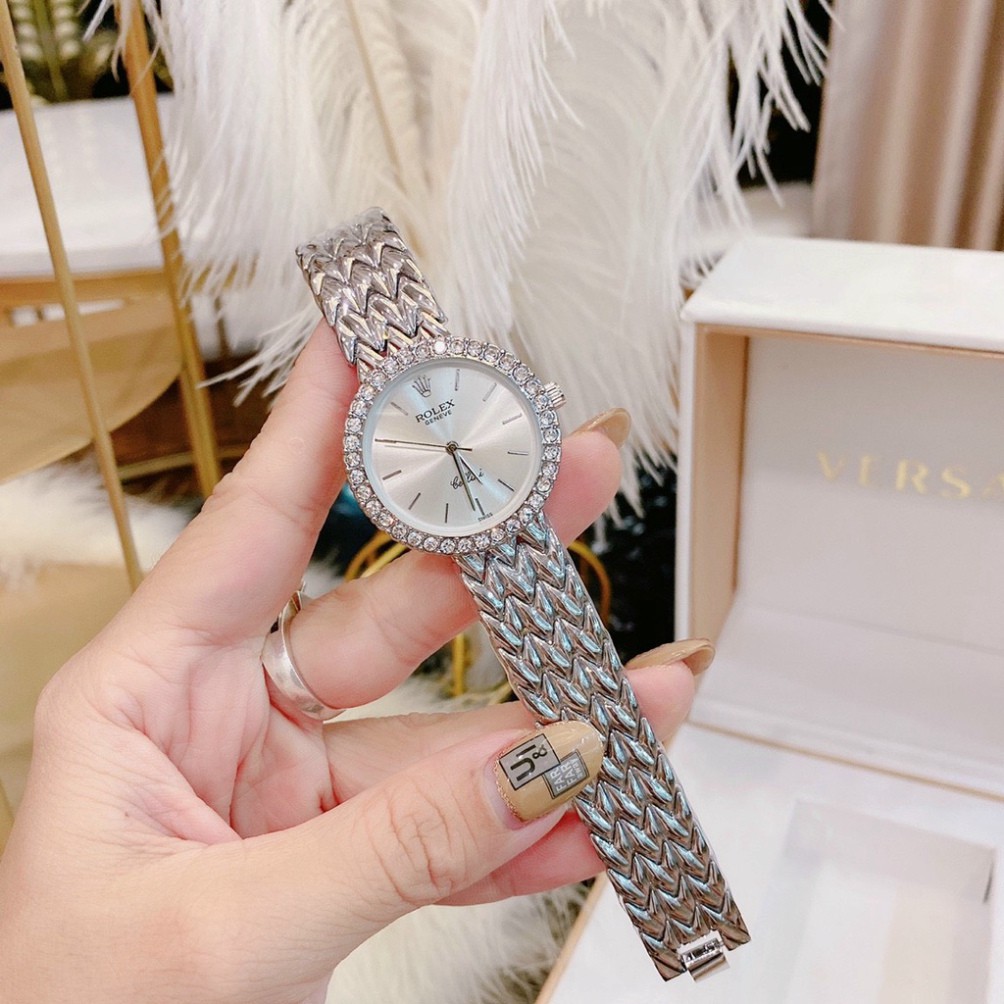 Đồng hồ thời trang nữ Rolex đeo tay dây thép không gỉ đính đá sang trọng dây kim loại mạ vàng chống nước chống xước