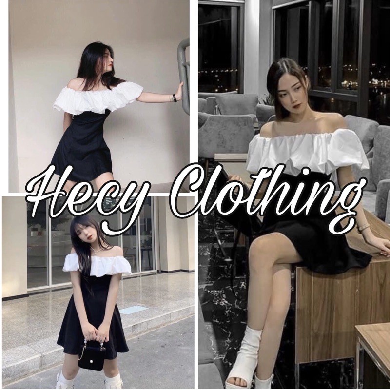 Váy Tiểu Thư Hở Vai Phối Ngực Trắng - Hecy Nữ [FREESHIP] - Đầm dáng ngắn ôm body, trễ vai tay bồng bánh bèo