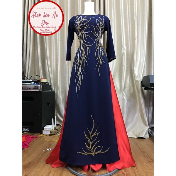 Áo dài xanh đen thiết kế vẽ tay điệu xinh,chất vải lụa, hàng 2 tà điệu xinh