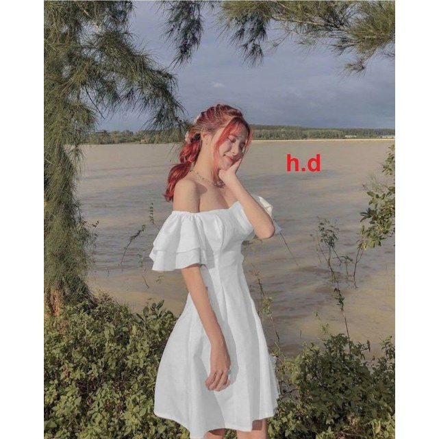 Váy trắng trễ vai tay bồng dáng xoè Có Khoá Lưng MaxiHàng 2 lớp đầm Vintage cánh tiên tiểu thư Rớt vai