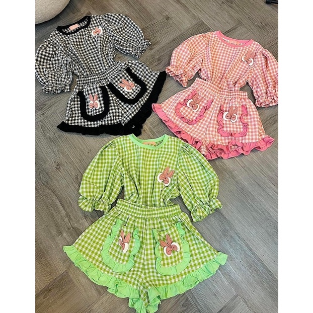 Set caro xinh yêu quần bèo phối viền đủ màu