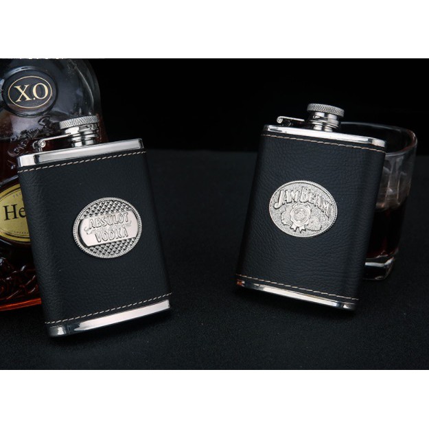 Bình đựng rượu inox 120ml (4oz) chính hãng Honest, bọc da logo Jack Daniel's