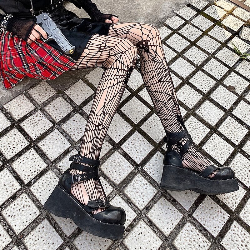 Gothic Dark Spider Pantyhose Female Hollow Out Thigh High Stockings Lolita Kawaii Breathable Shaping Halloween Tight