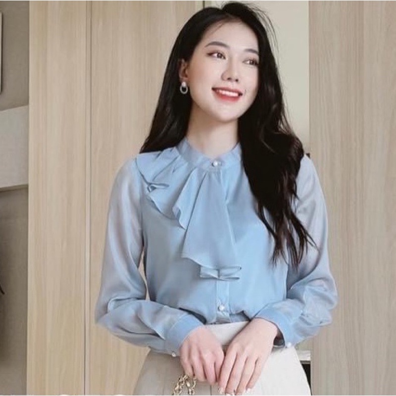 Sơ mi dài tay vạt lệch một bên, sơ mi phong cách thời trang công sở