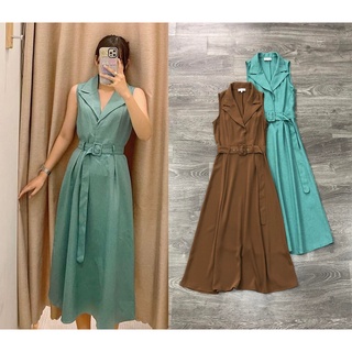 Đầm hobbs cổ vest sát nách phối belt kami