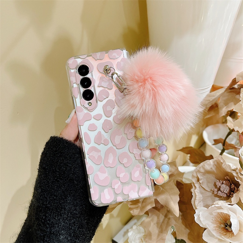 Bao Da Điện Thoại Cứng Hình Báo Hồng Đính Quả Bông Cho samsung galaxy z fold 3 fold3 Ốp