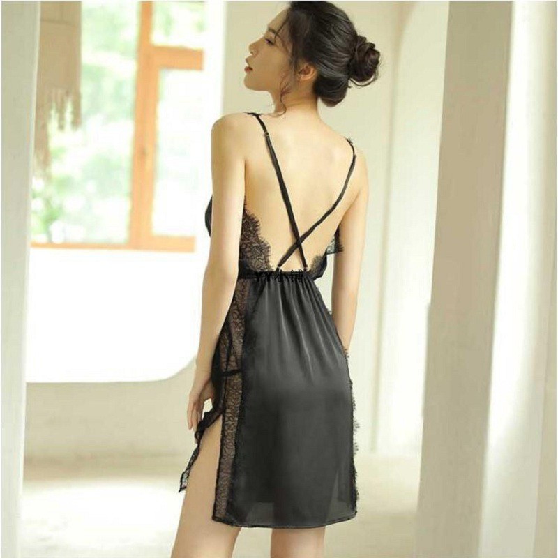 Váy Ngủ Lụa Pha Ren Xẻ Eo Quai Chéo Sexy Gợi Cảm MS5054 | BigBuy360 - bigbuy360.vn