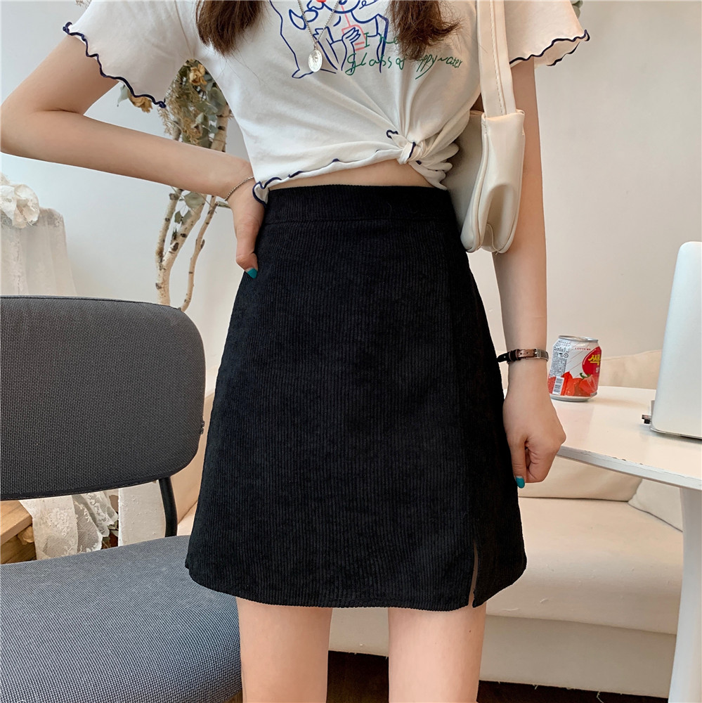 Chân váy chữ A vải nhung lưng cao phong cách Hàn Quốc retro cho nữ