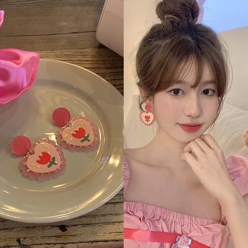 Khuyên Tai Hình Trái Tim Và Quả Dâu Thời Trang Mùa Hè Phong Cách Mới 2022 Dành Cho Nữ