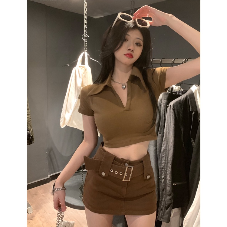 Áo polo Ngắn Tay Cổ V Lưng Cao Vừa Vặn Phong Cách retro Mỹ Cho Nữ