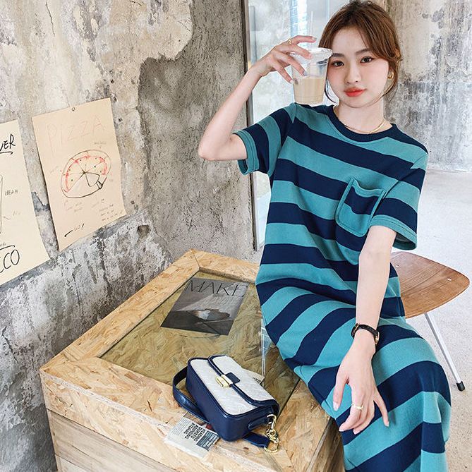 Đầm Thun Dài Qua Gối Ngắn Tay Họa Tiết Kẻ Sọc Ngang Phong Cách Hàn Quốc Thời Trang Mới Cho Nữ