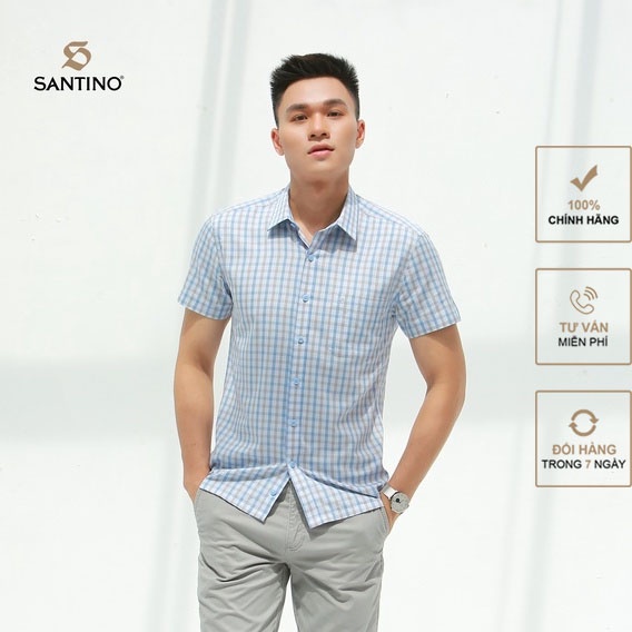 Áo sơ mi nam ngắn tay Santino, chất liệu sợi tre, hoạ tiết caro, dáng slim trẻ trung ASN495S601